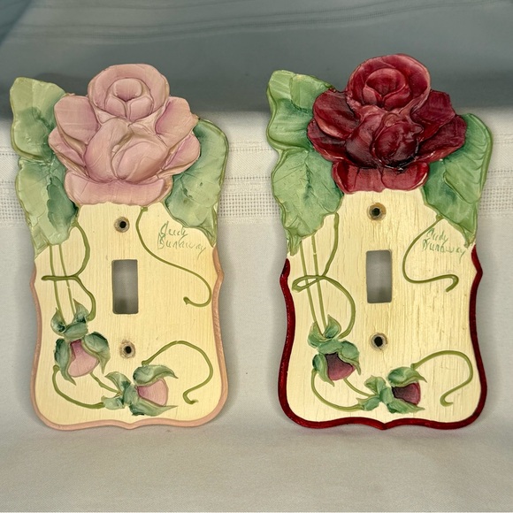 Artisan Other - Judy Buswell 3D Rose Floral Light Switch Covers Pink- Burgundy Cottage Decor Set